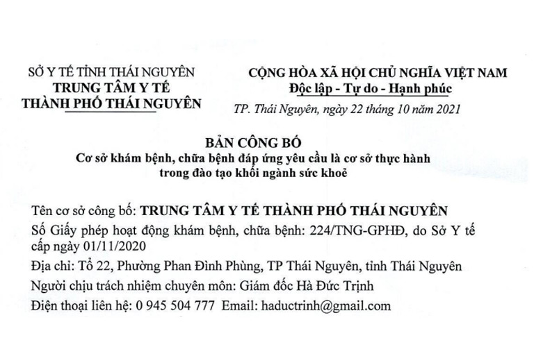 BẢN CÔNG BỐ Cơ sở khám bệnh, chữa bệnh đáp ứng yêu cầu là cơ sở thực hành trong đào tạo khối ngành sức khỏe của Trung tâm Y tế thành phố Thái Nguyên